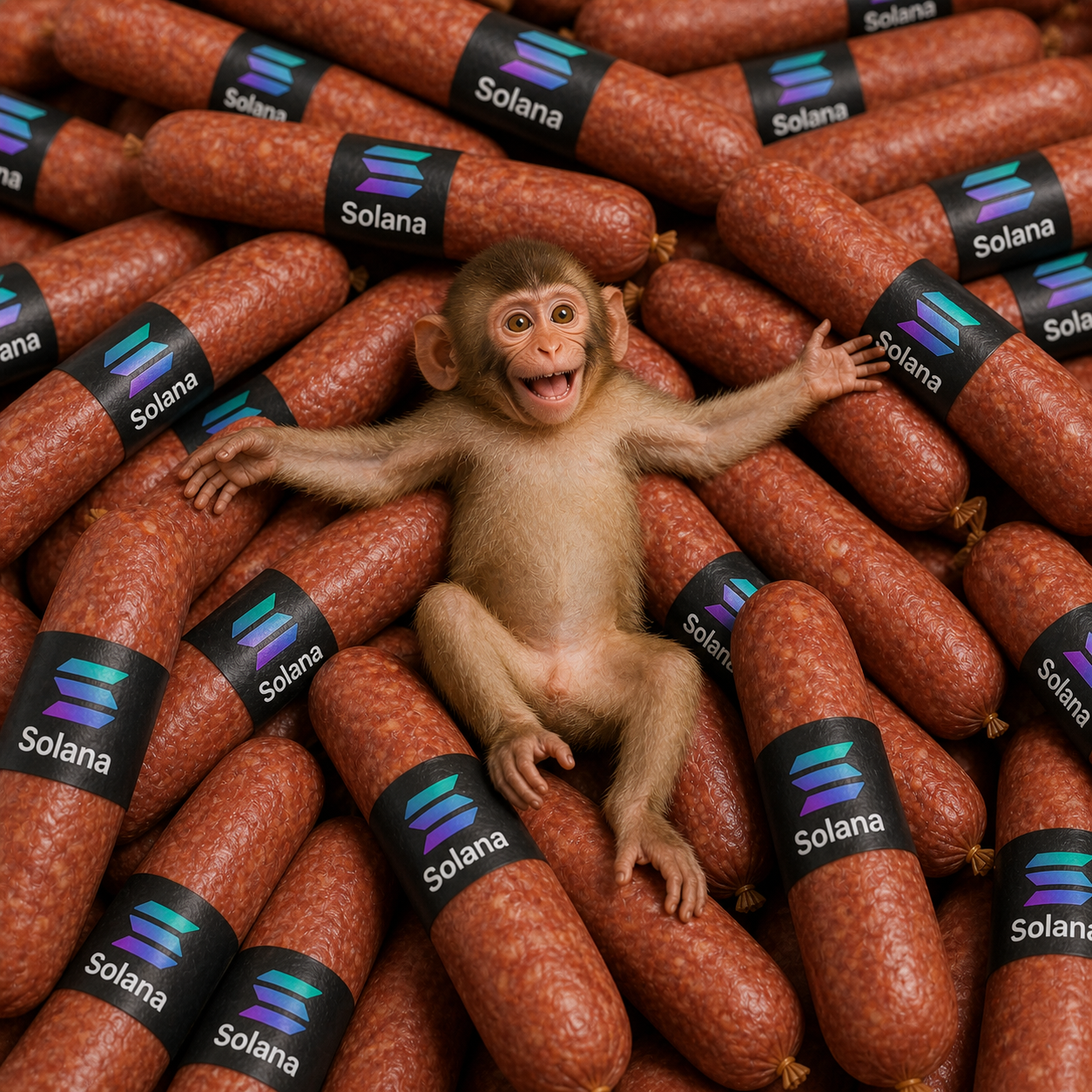 APEONSOLAMI mascot — a joyful baby monkey lying on a huge pile of Solana-branded salami